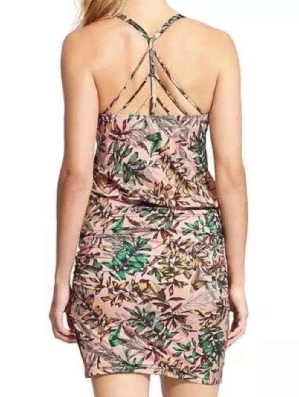 Athleta Estuary Aqualuxe Pink Green Leaf Swim Dress Ruched Womens Size S